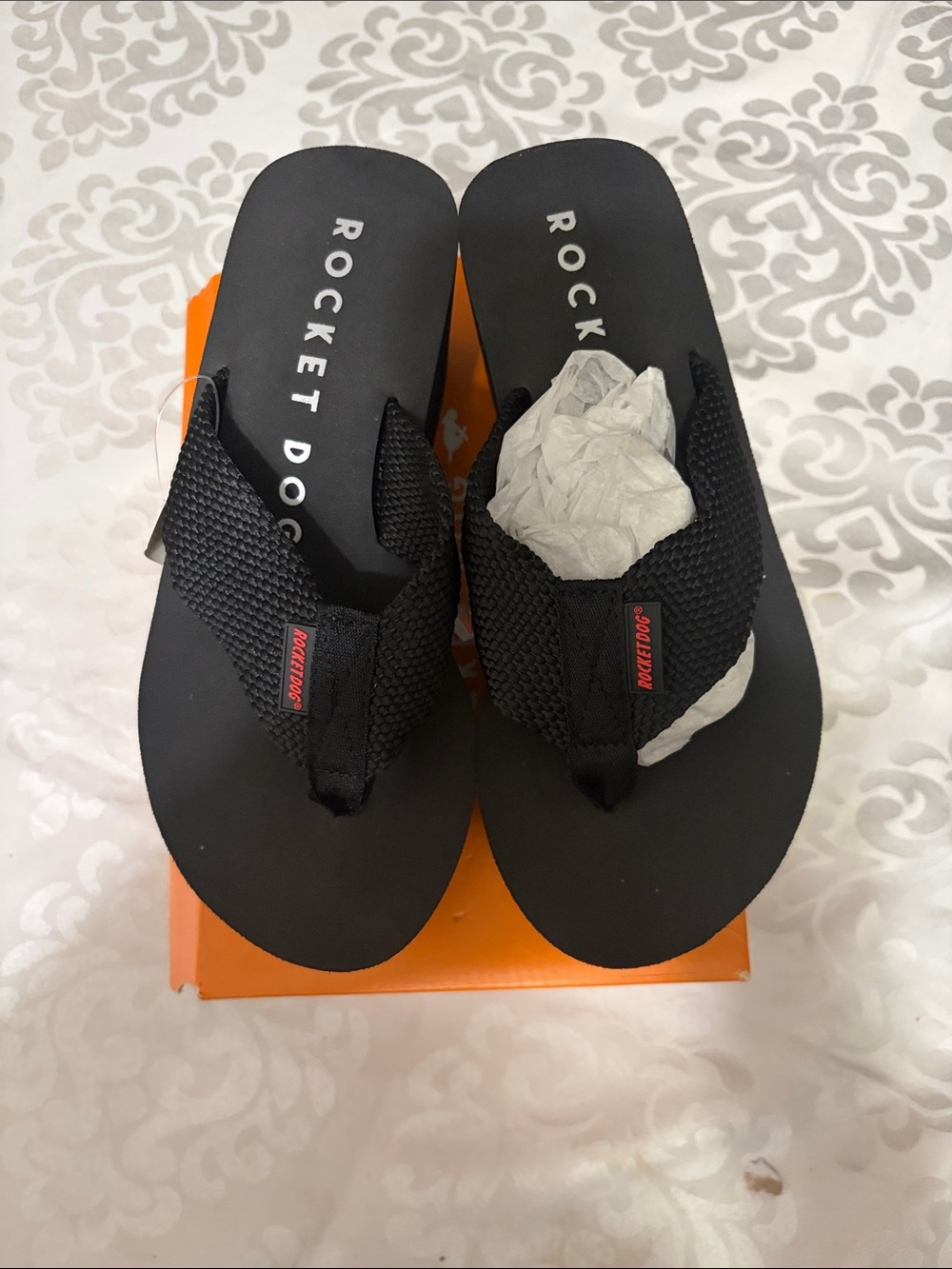 Rocket Dog Black Mesh Thong Flip Flops with Red Logo Tab
